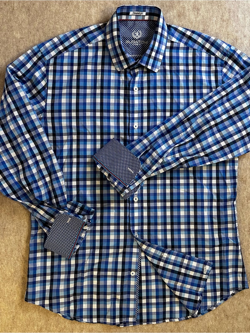 Bugatchi Uomo Shirt Mens Size Medium M Blue Plaid Shaped Fit Cotton Long Sleeve